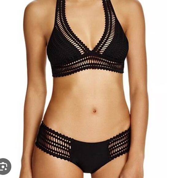 Robin Piccone Black Mesh Strip Halter Black Bikini - Picture 1 of 8
